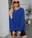 Solid Color Wavy Round Neck Long Sleeve Loose Fitting Shirt