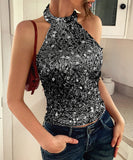 Elegant Black Or Silver Backless Sleeveless Top For Evening