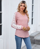 V Neck Loose Long Sleeve Lace Contrast Color T Shirt