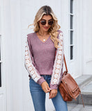V Neck Loose Long Sleeve Lace Contrast Color T Shirt