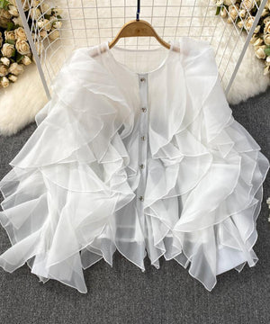 Ruffled Long Sleeve Round Neck Blouse Women Polyester