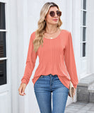 Solid Color Round Neck Striped Loose Long Sleeve T Shirt