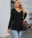 V Neck Striped Loose Long Sleeve T Shirt Nylon Elastane