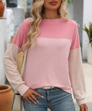 Round Neck Stretchy Strip Multicolor Long Sleeve T Shirt