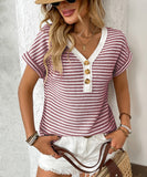 Seamed Knit V Neck Button Up Short Sleeve Top Elastane