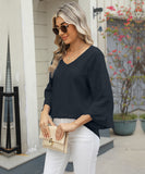 Chic V-neck Diamond Check Hollow-out Jacquard Horn Sleeve Loose T-shirt