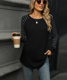 Striped Patchwork Crewneck Long Sleeve Tailcoat T Shirt
