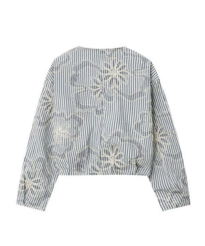 Embroidered Striped Round Neck Long Sleeve Women Jacket Blue