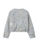 Embroidered Striped Round Neck Long Sleeve Women Jacket Blue
