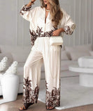 Classic Floral Blouse And Wide Leg Pants Two Piece Set