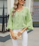 Chic V-neck Diamond Check Hollow-out Jacquard Horn Sleeve Loose T-shirt
