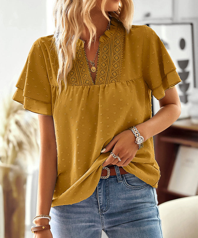 Casual V Neck Wave Collar Blouse For Women Yellow Polyester