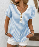 Seamed Knit V Neck Button Up Short Sleeve Top Elastane