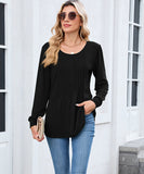 Solid Color Round Neck Striped Loose Long Sleeve T Shirt