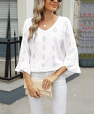 Chic V-neck Diamond Check Hollow-out Jacquard Horn Sleeve Loose T-shirt