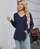 V Neck Striped Loose Long Sleeve T Shirt Nylon Elastane