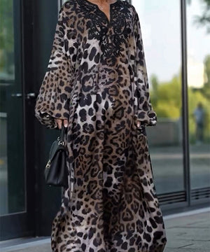 Long-Sleeved Dress with Loose Leopard Print