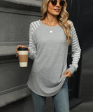 Striped Patchwork Crewneck Long Sleeve Tailcoat T Shirt