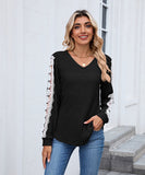 V Neck Loose Long Sleeve Lace Contrast Color T Shirt