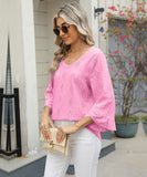Chic V-neck Diamond Check Hollow-out Jacquard Horn Sleeve Loose T-shirt
