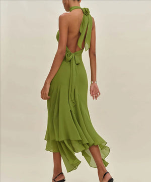 Backless Ruffled Solid Midi Dress