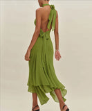 Backless Ruffled Solid Midi Dress