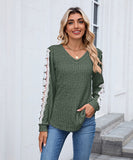 V Neck Loose Long Sleeve Lace Contrast Color T Shirt
