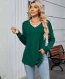 V Neck Striped Loose Long Sleeve T Shirt Nylon Elastane