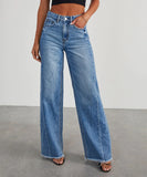 Women Loose Wide Leg Jeans Frayed Bottom And Stitching Blue