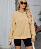 Solid Color Wavy Round Neck Long Sleeve Loose Fitting Shirt