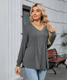 V Neck Striped Loose Long Sleeve T Shirt Nylon Elastane
