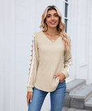 V Neck Loose Long Sleeve Lace Contrast Color T Shirt