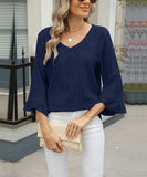 Chic V-neck Diamond Check Hollow-out Jacquard Horn Sleeve Loose T-shirt