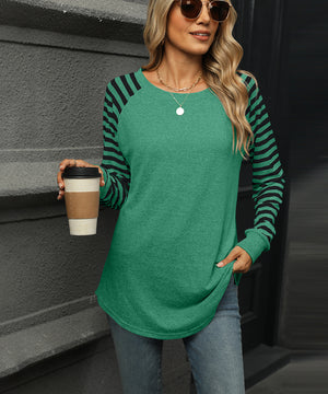 Striped Patchwork Crewneck Long Sleeve Tailcoat T Shirt