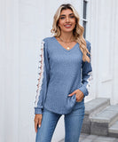 V Neck Loose Long Sleeve Lace Contrast Color T Shirt