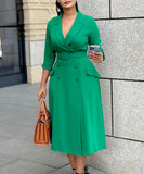 Seductive Solid Color Dress With Tailored Collar and Belt in Red Blue Green