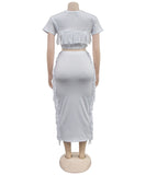 A Two-Piece Set of Solid-Color Fringed Round-Neck Short-Sleeve Long Dress