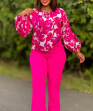 Stylish Printed Long-Sleeved Top And Wide-Leg Pants Set
