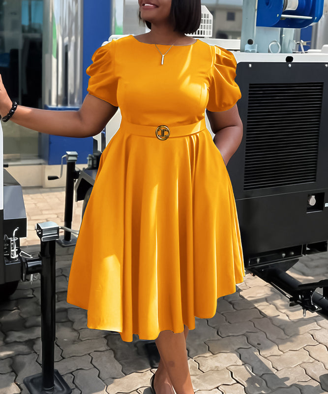 Elegant Waisted Swing A-Line Dress with Puffy Sleeves Charm