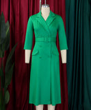 Seductive Solid Color Dress With Tailored Collar and Belt in Red Blue Green