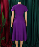 Fashionable Solid Color V Neck Short Sleeve A Line Dress