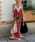 Relaxed Printed Vneck Strap Dress With Wide Skirt Style