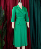 Seductive Solid Color Dress With Tailored Collar and Belt in Red Blue Green