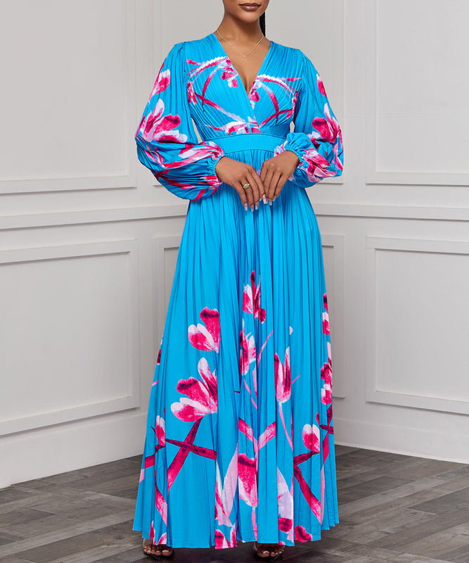 V-Neck Long Sleeve Slimming Print Pleated Long Skirt Dress Elegance