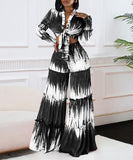 Stylish Printed Lace-Up Long-Sleeved Top & Wide-Leg Pants