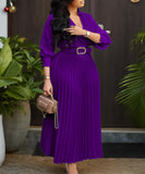 Fashion V Neck Solid Color Long Sleeve Maxi Skirt With Pleated Hem
