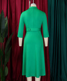 Seductive Solid Color Dress With Tailored Collar and Belt in Red Blue Green