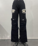 Multi Pocket Hand Drilled Washed Denim Jeans for Casual Style