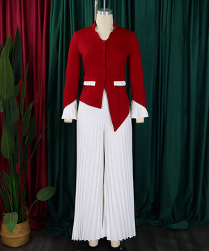 Flared Sleeve Top Pleated Wide-Leg Pants Two-Piece Set in Wine