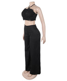 Chic Two-Piece Set with Tie-Up Top and High-Waisted Trousers